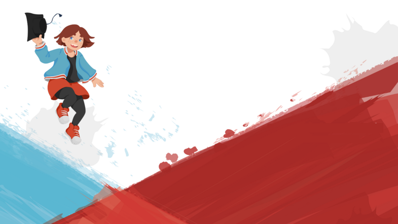 Illustration: Aquarellzeichnung im Hintergrund mit roter und blauer Farbfläche. Im Vordergrund eine kindliche Figur, die in die Luftspringt